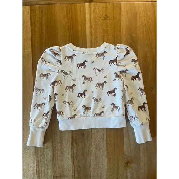 Janie and Jack Girls Equestrian Ivory Horse Print Puff Sleeve Sweatshirt Size 5 - Picture 4 of 4